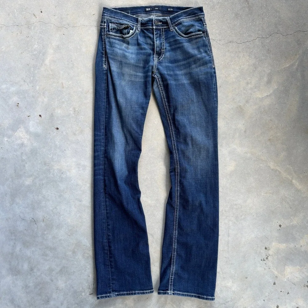 BKE Aiden Slim Straight Jeans Mens 32x34 Dark Wash Distressed Western Cowboy